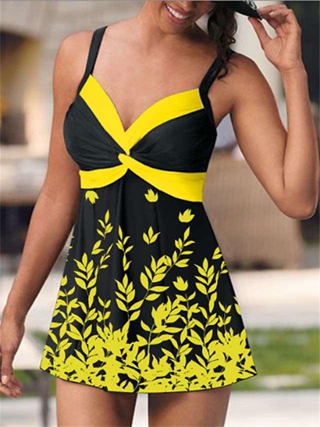 Women's Swimwear Open Back Leaf Print Color Block Casual Swimsuit