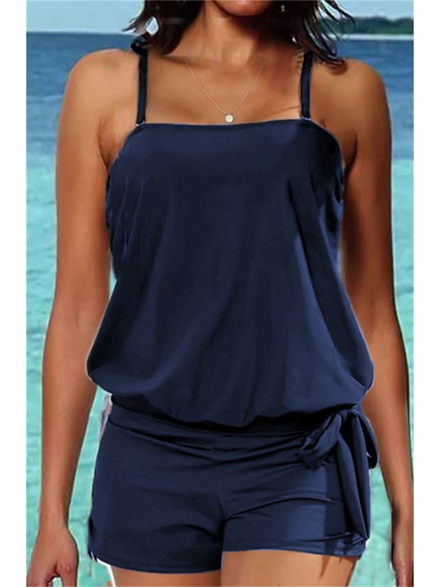 Women's Swimwear High Waist Backless Pure Color Strap Tankini Two Piece Swimsuit