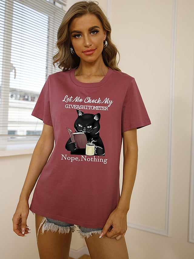 Women's T-shirts Cat Painting Round Neck Short Sleeve Pullover Tops