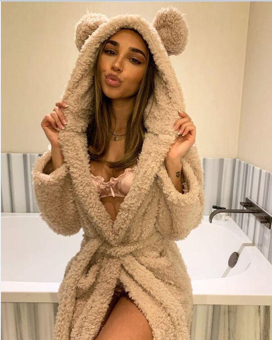 Womens Soft Cute Warm Long Fleece Plush Robe with Hood