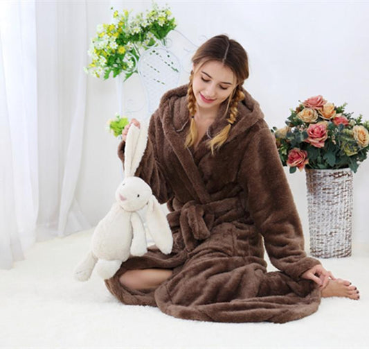 Women's Warm Fleece Faux Fur Robe with Hood