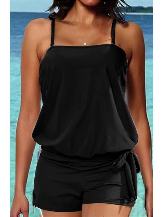 Women's Swimwear High Waist Backless Pure Color Strap Tankini Two Piece Swimsuit