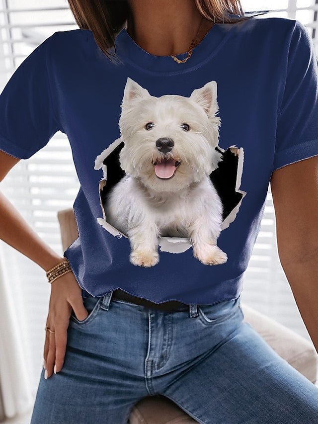 Women's T-shirt Cute 3D Dog Printed Round Neck Casual Tops