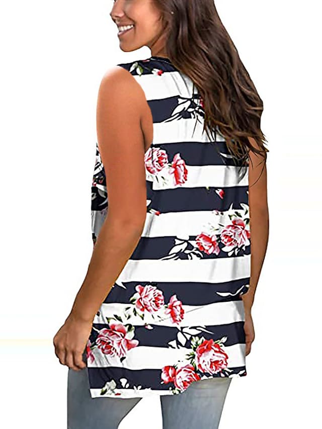 Women's Tank Top Floral Striped Print V Neck Casual Tops