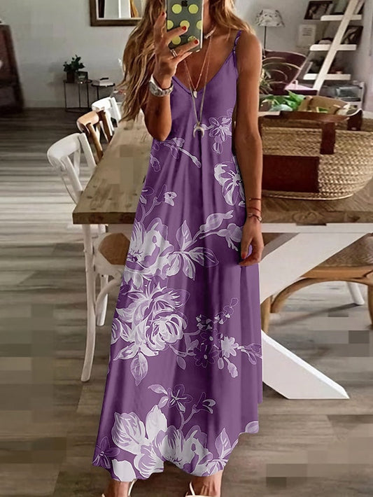 Women's Spaghetti Stap Dress V-neck Floral Print Casual Maxi Dress