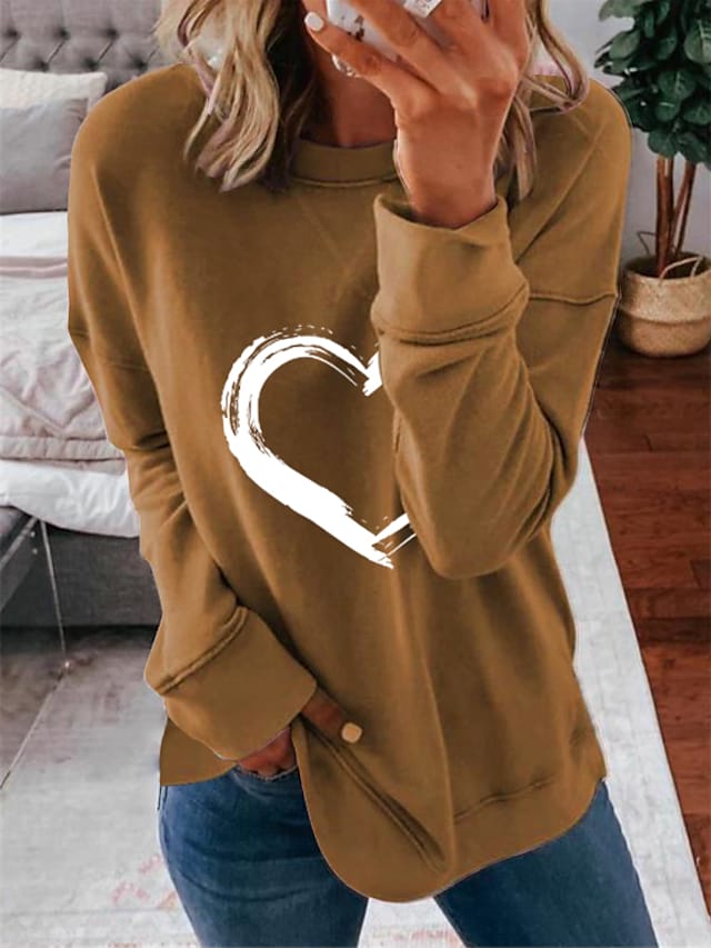 Women's Sweatshirt Heart Print Round Neck Long Sleeve Casual Pullover Hoodies