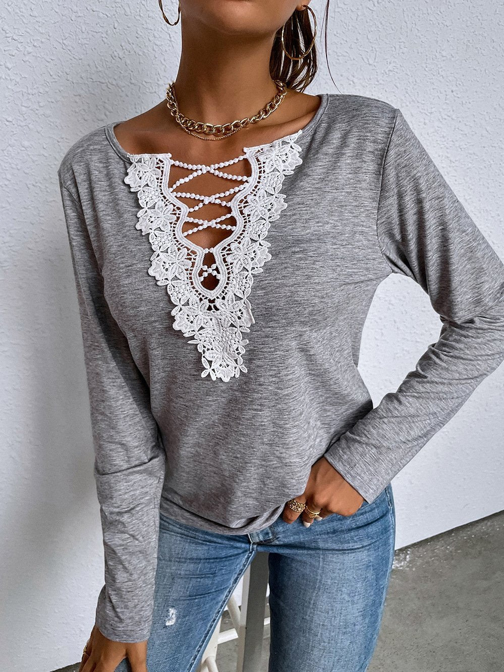 INS Women's Lace V-Neck Long Sleeve Casual T-Shirt - T-Shirts - INS | Online Fashion Free Shipping Clothing, Dresses, Tops, Shoes - 06/08/2021 - 20-30 - Category_T-Shirts