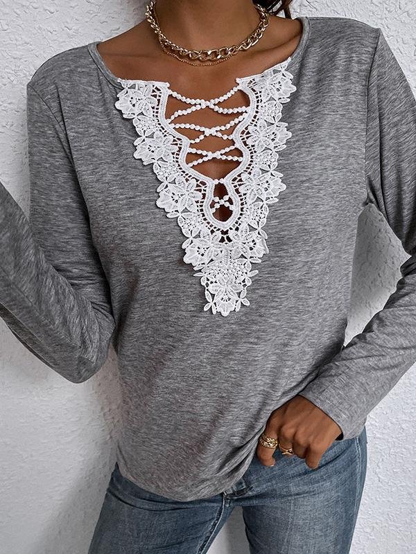 INS Women's Lace V-Neck Long Sleeve Casual T-Shirt - T-Shirts - INS | Online Fashion Free Shipping Clothing, Dresses, Tops, Shoes - 06/08/2021 - 20-30 - Category_T-Shirts