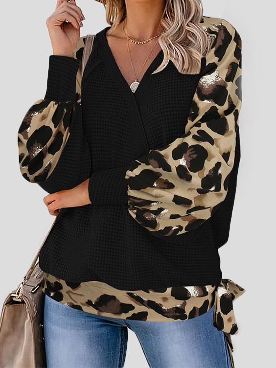 INS Women's Leopard Print Stitching Lantern Sleeve V Neck T-Shirts - T-Shirts - INS | Online Fashion Free Shipping Clothing, Dresses, Tops, Shoes - 07/08/2021 - 20-30 - Apricot