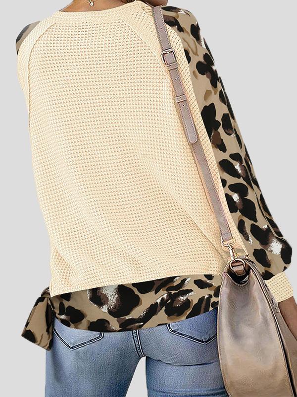 INS Women's Leopard Print Stitching Lantern Sleeve V Neck T-Shirts - T-Shirts - INS | Online Fashion Free Shipping Clothing, Dresses, Tops, Shoes - 07/08/2021 - 20-30 - Apricot