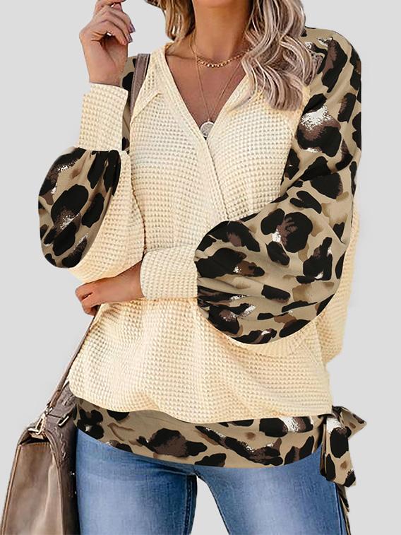 INS Women's Leopard Print Stitching Lantern Sleeve V Neck T-Shirts - T-Shirts - INS | Online Fashion Free Shipping Clothing, Dresses, Tops, Shoes - 07/08/2021 - 20-30 - Apricot