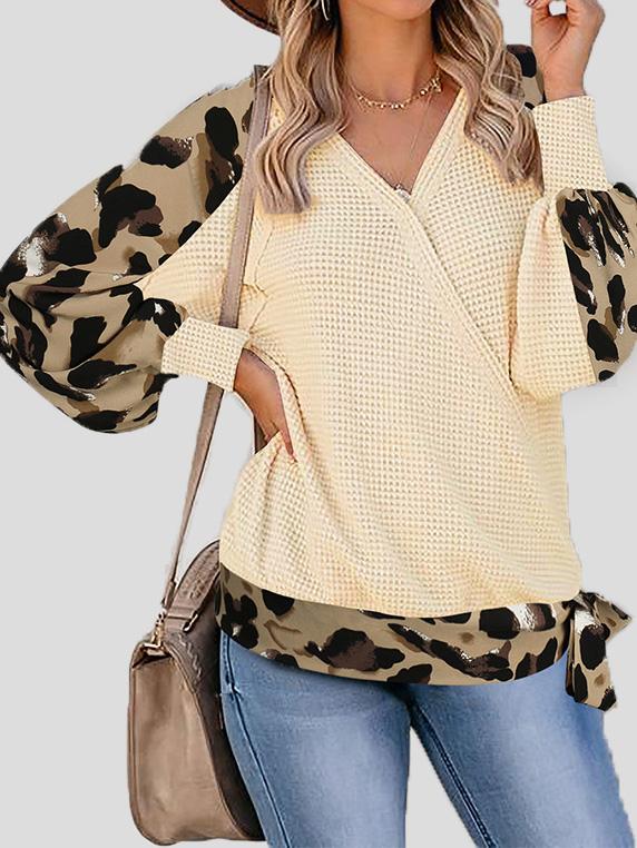 INS Women's Leopard Print Stitching Lantern Sleeve V Neck T-Shirts - T-Shirts - INS | Online Fashion Free Shipping Clothing, Dresses, Tops, Shoes - 07/08/2021 - 20-30 - Apricot