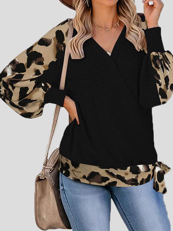 INS Women's Leopard Print Stitching Lantern Sleeve V Neck T-Shirts - T-Shirts - INS | Online Fashion Free Shipping Clothing, Dresses, Tops, Shoes - 07/08/2021 - 20-30 - Apricot