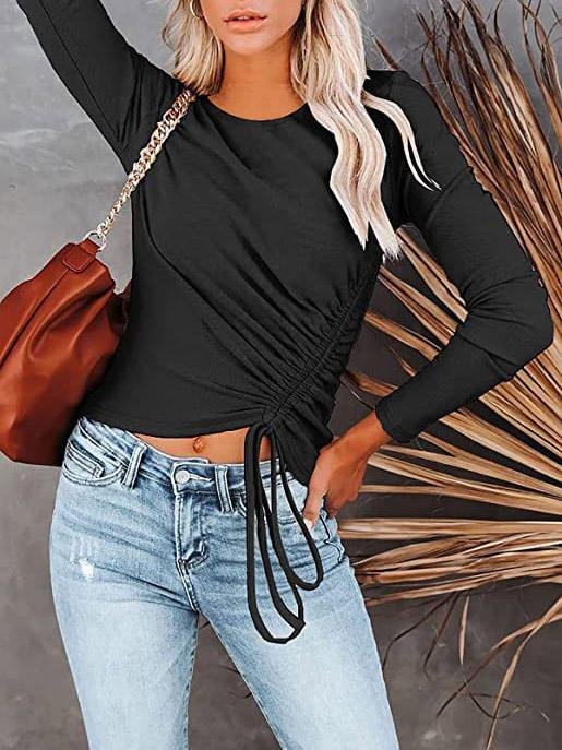 INS Women's Long Sleeve Round Neck Drawstring Fashion T-Shirt - T-Shirts - INS | Online Fashion Free Shipping Clothing, Dresses, Tops, Shoes - 03/08/2021 - 20-30 - 2XL