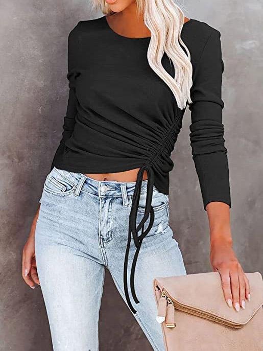 INS Women's Long Sleeve Round Neck Drawstring Fashion T-Shirt - T-Shirts - INS | Online Fashion Free Shipping Clothing, Dresses, Tops, Shoes - 03/08/2021 - 20-30 - 2XL