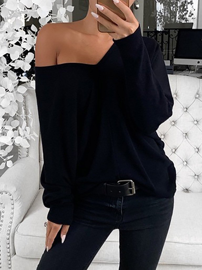 INS Women's Simple V-Neck Off-Shoulder Long Sleeve T-Shirt - T-Shirts - INS | Online Fashion Free Shipping Clothing, Dresses, Tops, Shoes - 03/08/2021 - 10-20 - Category_T-Shirts