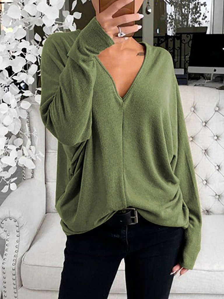 INS Women's Simple V-Neck Off-Shoulder Long Sleeve T-Shirt - T-Shirts - INS | Online Fashion Free Shipping Clothing, Dresses, Tops, Shoes - 03/08/2021 - 10-20 - Category_T-Shirts