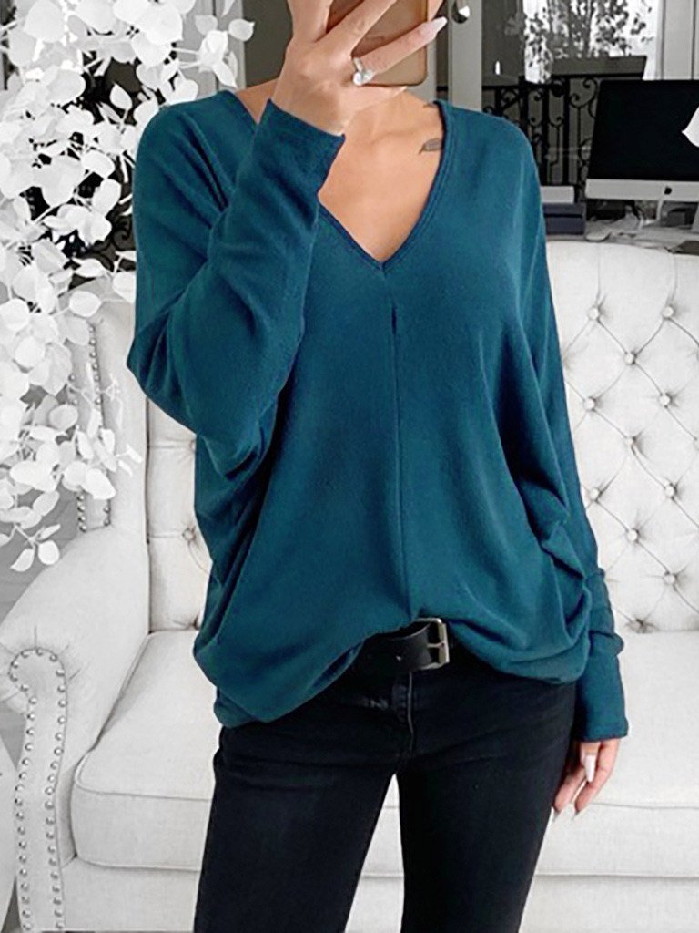 INS Women's Simple V-Neck Off-Shoulder Long Sleeve T-Shirt - T-Shirts - INS | Online Fashion Free Shipping Clothing, Dresses, Tops, Shoes - 03/08/2021 - 10-20 - Category_T-Shirts