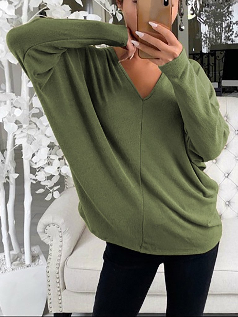 INS Women's Simple V-Neck Off-Shoulder Long Sleeve T-Shirt - T-Shirts - INS | Online Fashion Free Shipping Clothing, Dresses, Tops, Shoes - 03/08/2021 - 10-20 - Category_T-Shirts