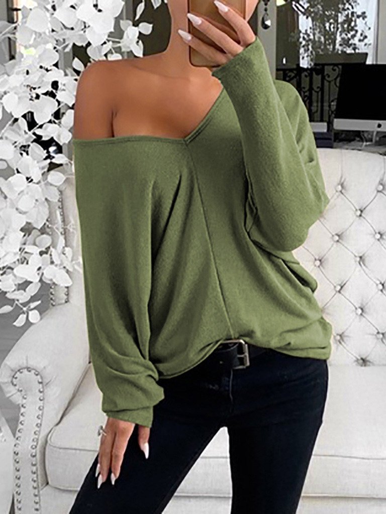 INS Women's Simple V-Neck Off-Shoulder Long Sleeve T-Shirt - T-Shirts - INS | Online Fashion Free Shipping Clothing, Dresses, Tops, Shoes - 03/08/2021 - 10-20 - Category_T-Shirts