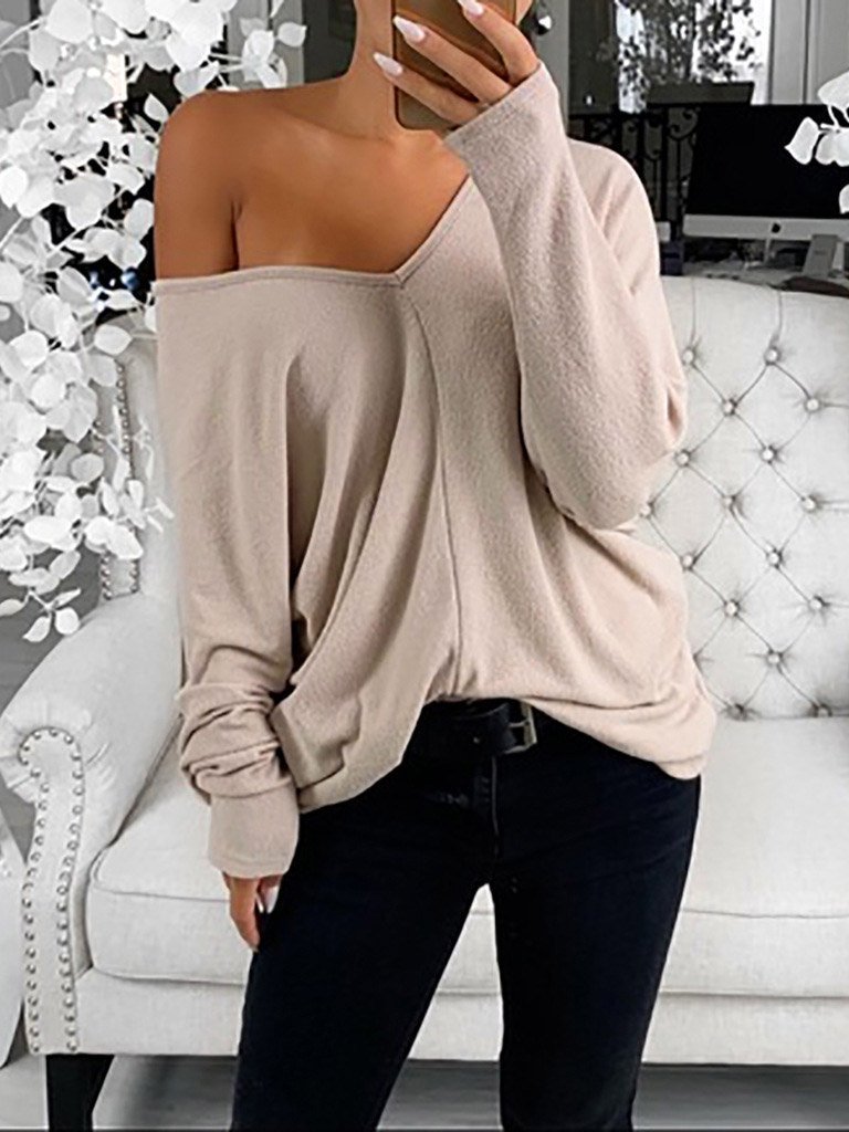 INS Women's Simple V-Neck Off-Shoulder Long Sleeve T-Shirt - T-Shirts - INS | Online Fashion Free Shipping Clothing, Dresses, Tops, Shoes - 03/08/2021 - 10-20 - Category_T-Shirts