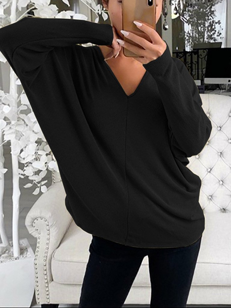 INS Women's Simple V-Neck Off-Shoulder Long Sleeve T-Shirt - T-Shirts - INS | Online Fashion Free Shipping Clothing, Dresses, Tops, Shoes - 03/08/2021 - 10-20 - Category_T-Shirts