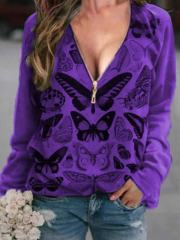 INS Women's V-Neck Butterfly Print Zipper Long Sleeve T-Shirt - T-Shirts - INS | Online Fashion Free Shipping Clothing, Dresses, Tops, Shoes - 04/08/2021 - 10-20 - Category_T-Shirts