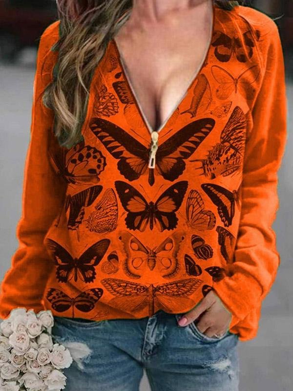 INS Women's V-Neck Butterfly Print Zipper Long Sleeve T-Shirt - T-Shirts - INS | Online Fashion Free Shipping Clothing, Dresses, Tops, Shoes - 04/08/2021 - 10-20 - Category_T-Shirts