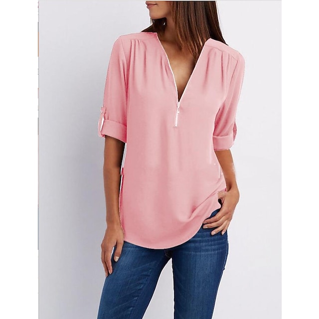 Women's T-shirt V-Neck Short Sleeve Solid Color Zipper Basic Daily Top