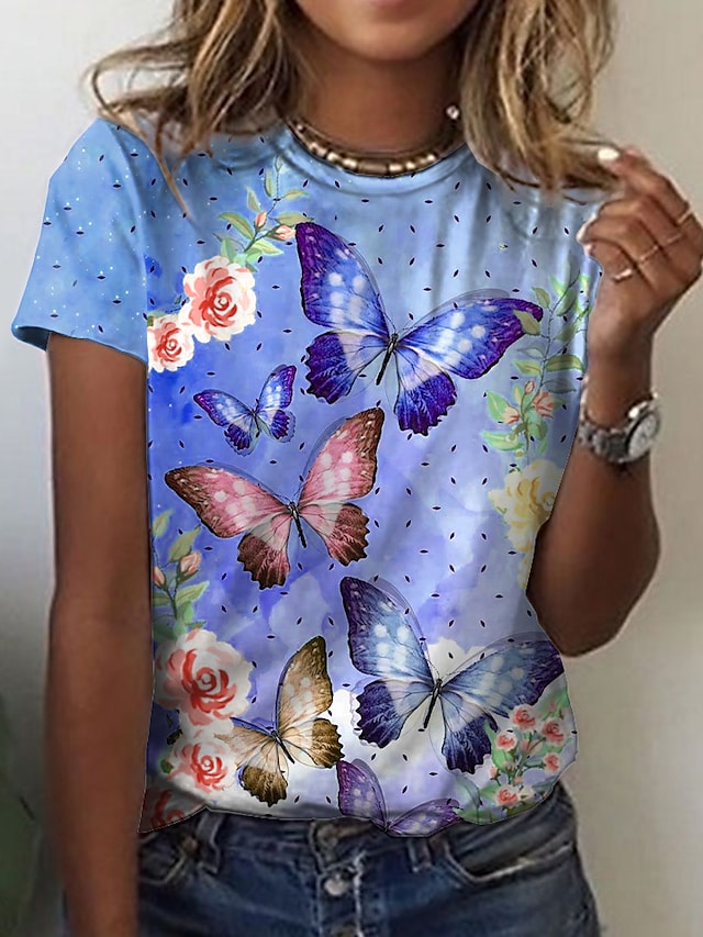 Women's T-shirts Floral Butterfly Print Round Neck Short Sleeve Casual Tops