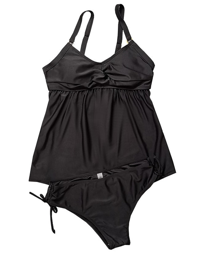 Women's Tankini Two Piece Swimsuit Pleated Open Back Pure Color Black Bathing Suits