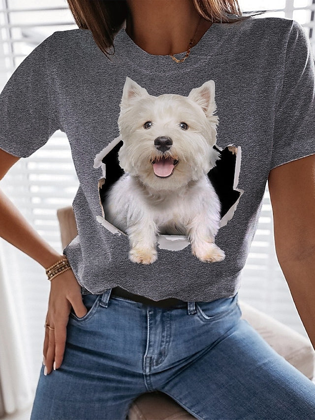 Women's T-shirt Cute 3D Dog Printed Round Neck Casual Tops