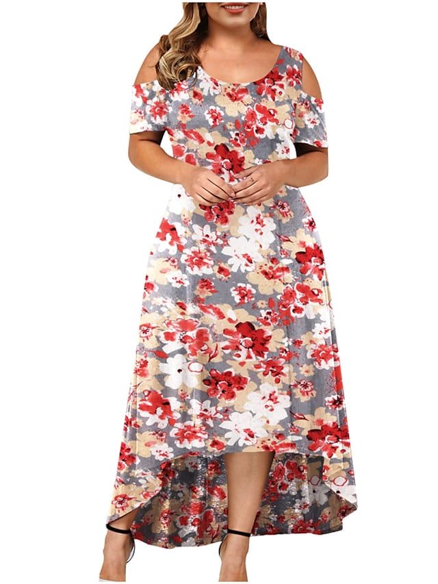 Women's Swing Dress Floral Round Neck Off The Shoulder Short Sleeve Maxi Dress