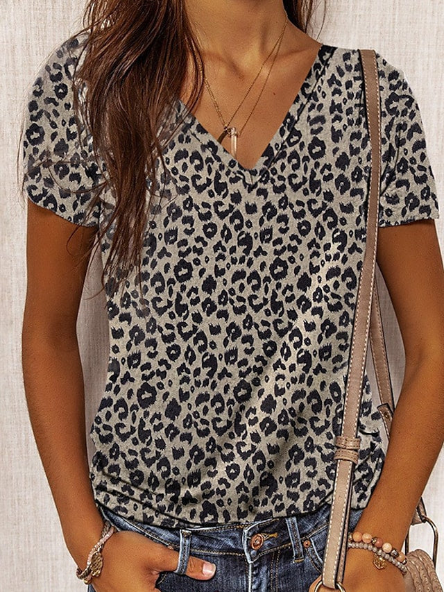 Women's T-shirts Camouflage Leopard Print V-neck Short Sleeve Casual Tops