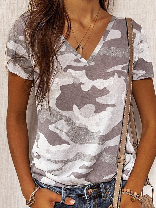 Women's T-shirts Camouflage Leopard Print V-neck Short Sleeve Casual Tops