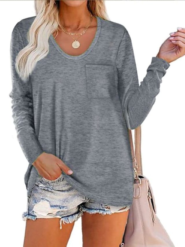 Women's T-Shirt With Pocket Plain V-Neck Solid Color Long Sleeeve Tops