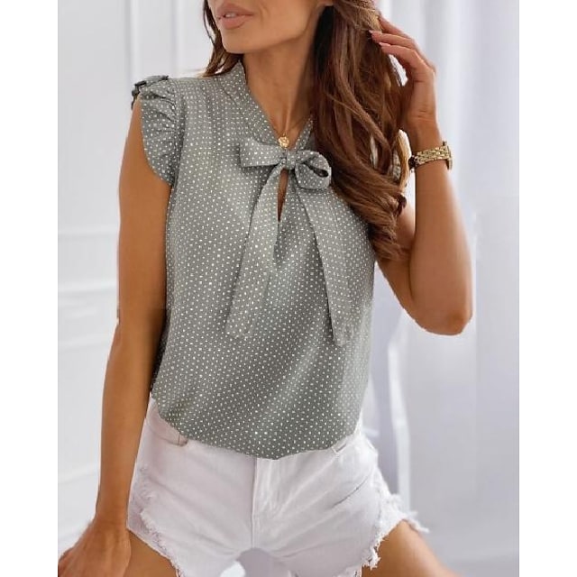 Women's Vintage Shirts Tie Neck Polka Dot Print Ruffles Tops