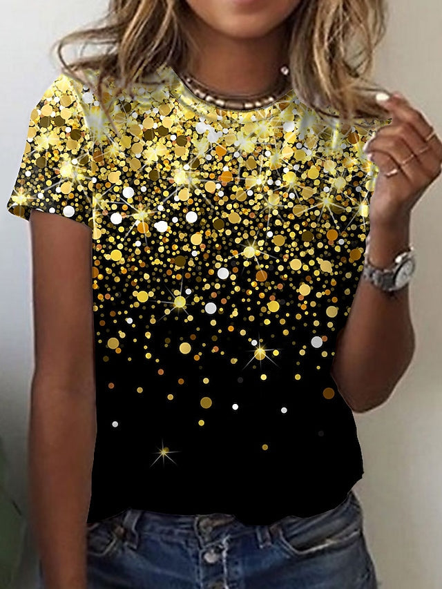 Women's T-shirts Sparkly Print Round Neck Short Sleeve Slim Tops