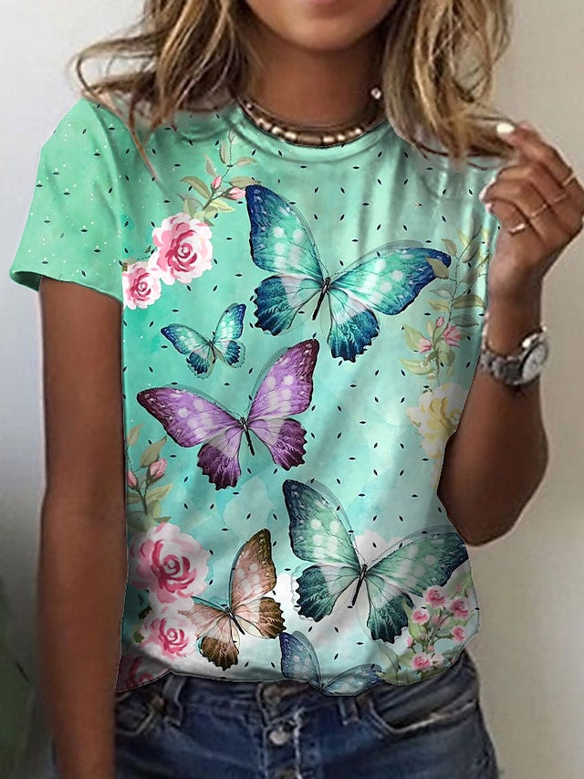 Women's T-shirts Floral Butterfly Print Round Neck Short Sleeve Casual Tops