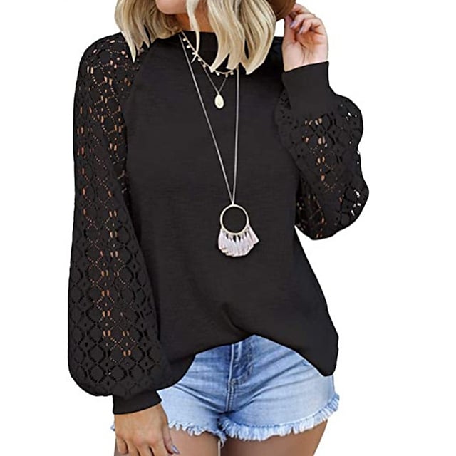 Women's Sweatshirts Round Neck Long Sleeve Lace Stitching Sleeve Loose Top