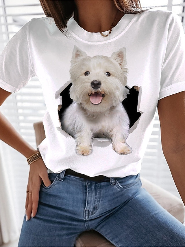 Women's T-shirt Cute 3D Dog Printed Round Neck Casual Tops