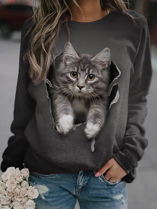 Women's Sweatshirt Cat 3D Print Round Neck Long Sleeve Daily Hoodies