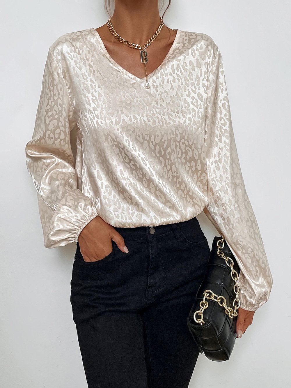 Women's Tops V-neck Pullover Leopard Print Long Sleeve Casual Shirts