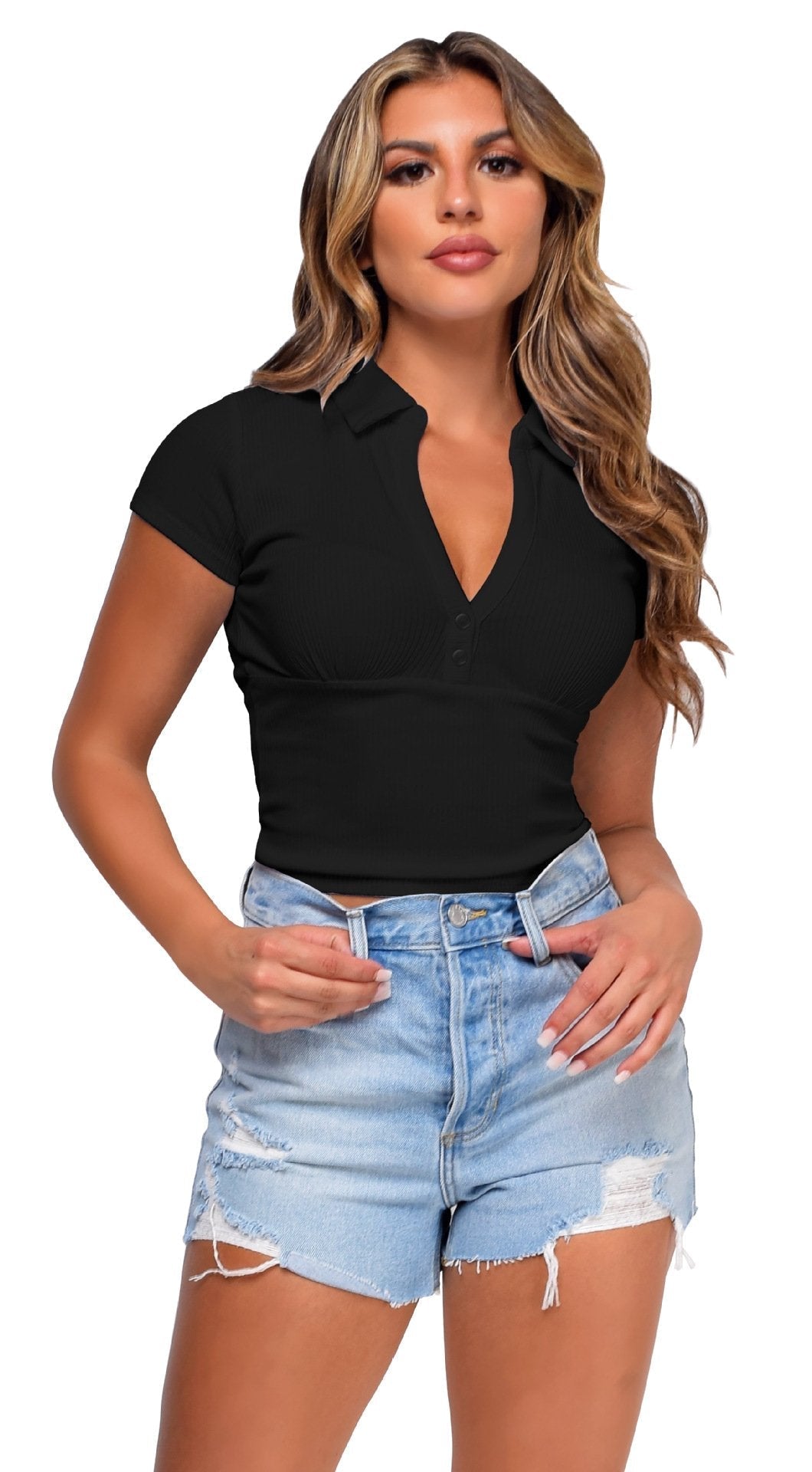 Women's T-shirts Polo V-neck Short Sleeve Slim Threaded Casual Top