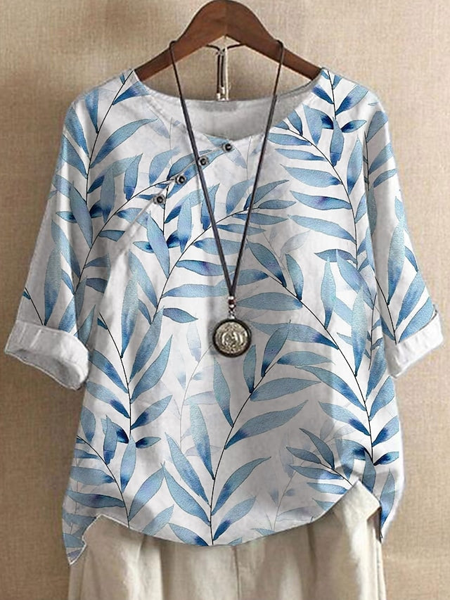 Women's T-Shirt Leaf Print Half Sleeve Round Neck Causal Daily Tops