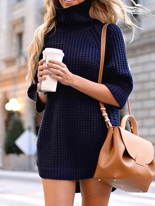 Women's Sweater Jumper Dress Short Mini Dress Ruched Turtleneck Casual Dress