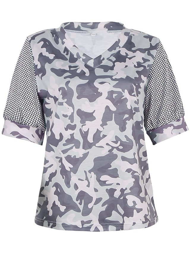 Women's T-shirts Camo Print V-neck Plaid Patchwork Sleeve Casual Tops