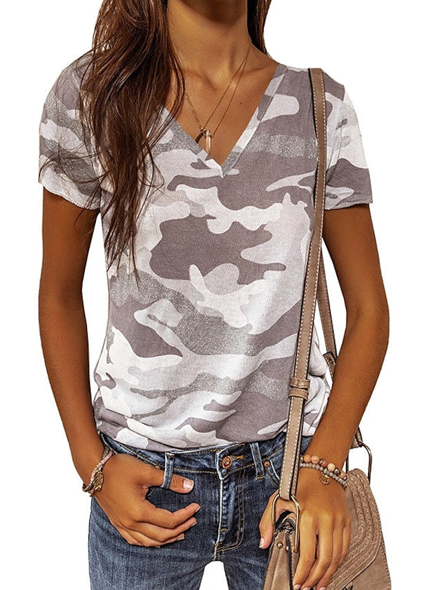 Women's T-shirts Camouflage Leopard Print V-neck Short Sleeve Casual Tops