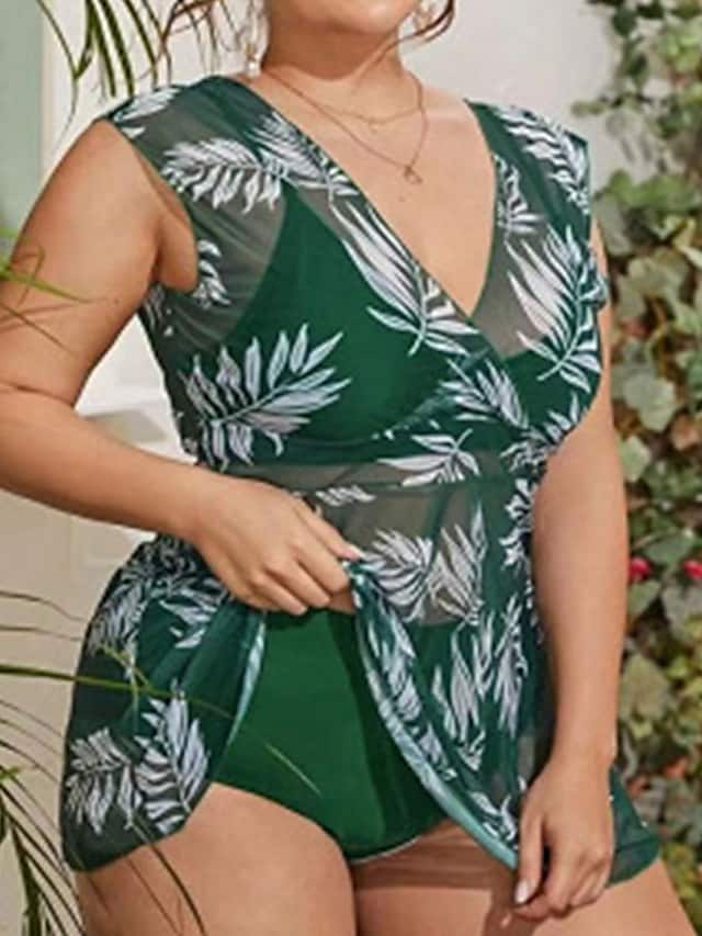 Women's Swimwear Backless Leaf Print Mesh Tankini Two Piece Plus Size Swimsuit