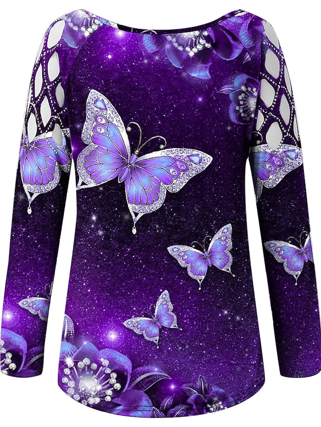 Women's T-shirt Butterfly 3D Printed Painting Cut Out Round Neck Tops